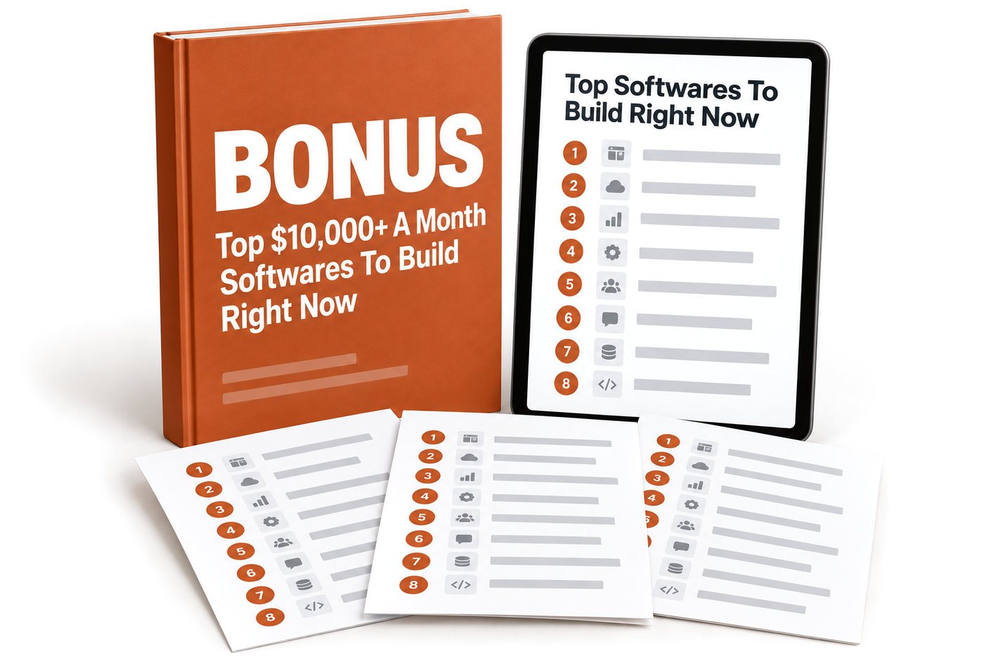 The bonus guide, Top $10,000+ A Month Softwares To Build Right Now, with a tablet and printed pages showing the list