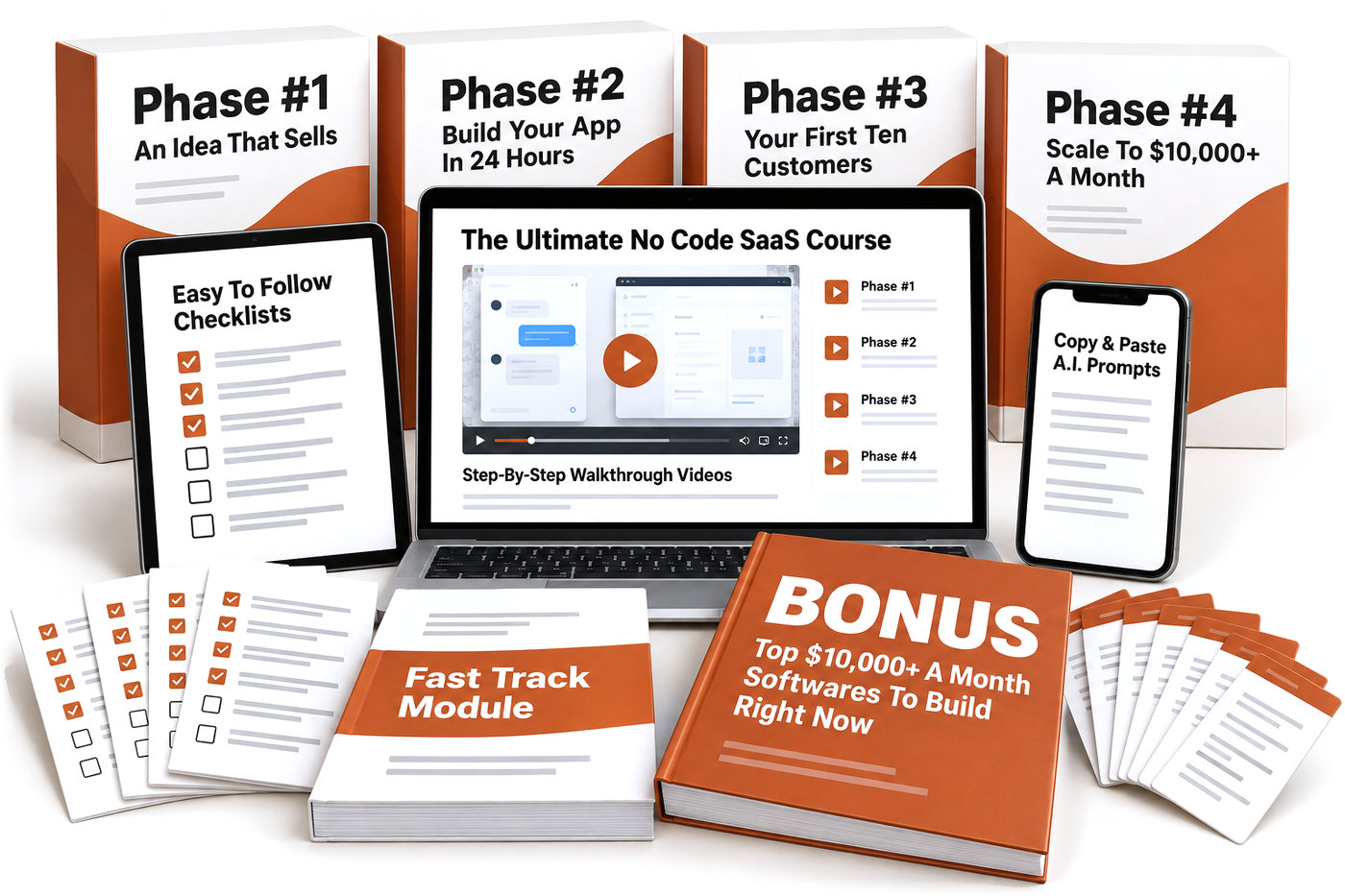The Ultimate No Code SaaS Course bundle: the four phases, walkthrough videos, checklists, A.I. prompts, the Fast Track Module and the bonus