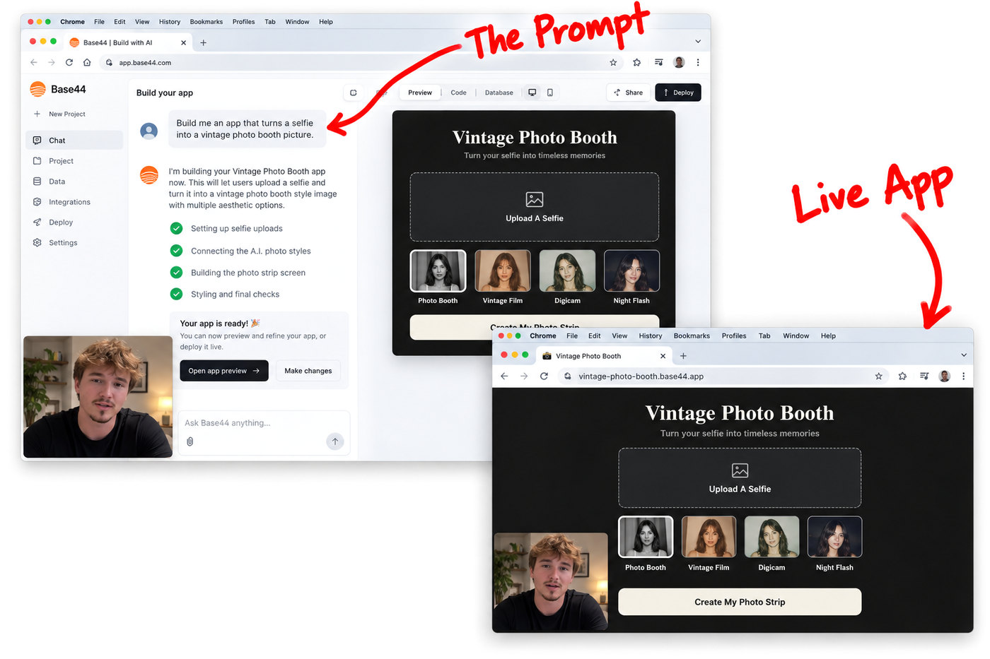 Preview of the Phase 2 lesson: the finished photo booth app and the prompt that built it