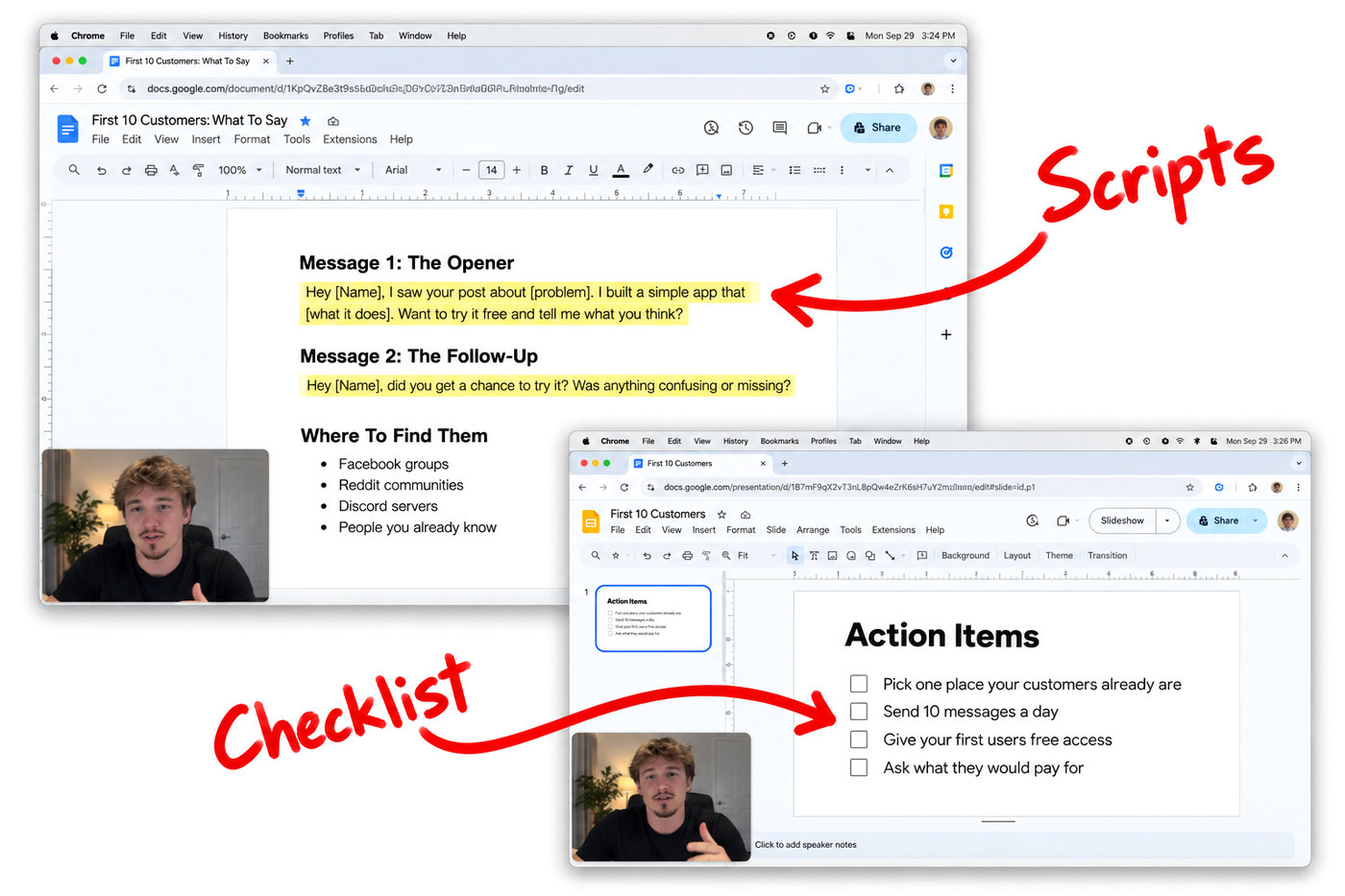 Preview of the Phase 3 lesson: the message scripts document and the action items checklist